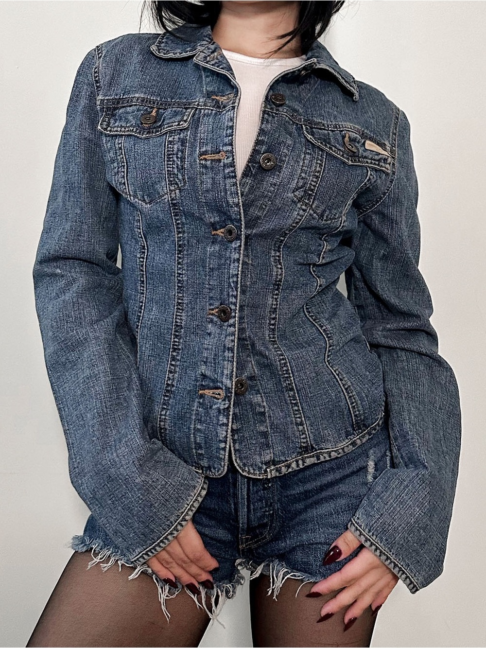 Vintage Tommy Hilfiger Y2K Fitted Denim Jacket Medium Wash Blue Jean Trucker